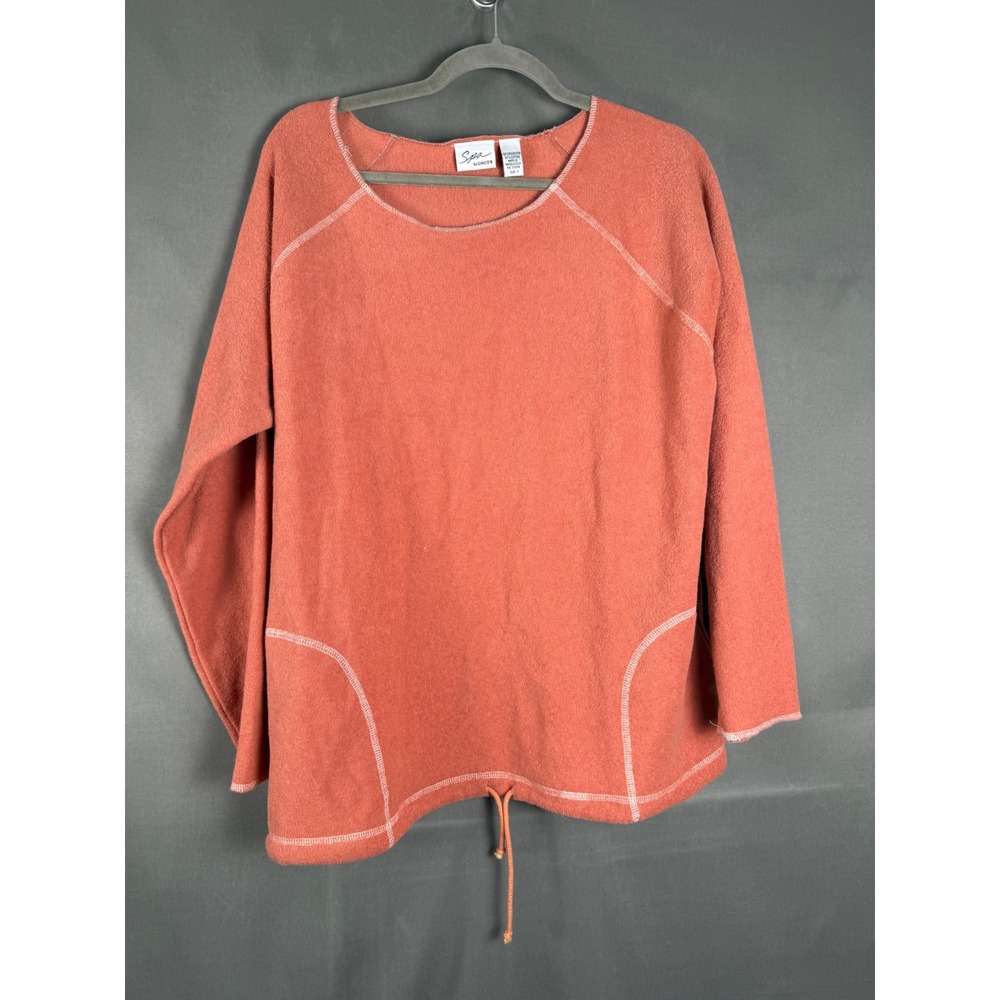 Chicos Spa Sweatshirt Womens Size 3 Coral Orange Drawstring Hem Raglan Fleece